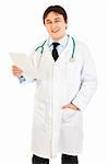 Smiling medical doctor holding document in hand  isolated on white