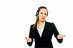 young businesswoman with headset on white background studio