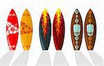 Set of vector surf boards with Hawaiian patterns and flames