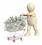 Puppet with shopping cart and dollars. Isolated over white