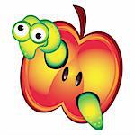 Cartoon illustration of a worm peeking out of an apple