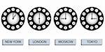 time zone clocks for four different countries against white background, abstract vector art illustration