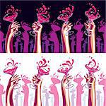 Human hands with cocktail glasses making toasts and splashes. Party illustration. Seamless horizontal pattern, can be copied without seams. Easy editable. Dark and light variants.