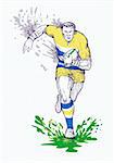 illustration of a hand sketch   Rugby player running and passing ball with grid in the background.