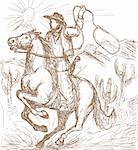 hand drawn illustration of a Cowboy with lasso riding a horse with cactus and mountains in the background.