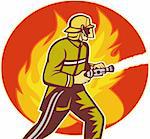 illustration of a Firefighter fireman with water hose fighting fire viewed from the side with flames in background.