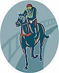illustration of a Horse and jockey racing  on race track done in retro style.