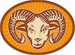 illustration of a Bighorn sheep or ram head with sunburst in the background set inside an oval.