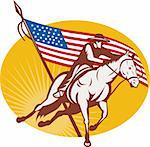 illustration of a Rodeo cowboy horse riding with  american stars and stripes flag in the background