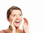 A closeup of a young girl shouting out over white background