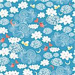 seamless pattern of white clouds of fun with birds and bees on a blue background