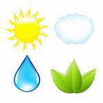 Nature Symbols, Sun, Cloud, Drop Of Water And Leaf, Isolated On White Background, Vector Illustration