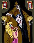 Cartoon Vampire menacing a blonde woman in a darkened room