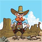 Cartoon cowboy with sixguns . He is in the desert