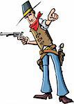 Cartoon cowboy pointing. He has a gun in his other hand