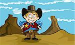 Cute cartoon cowboy smiling. He is in the desert