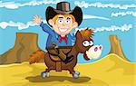 Cartoon cowboy on a horse. He is riding in the desert