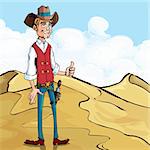 Cartoon cowboy giving a thumbs up gesture. He is standing in the desert