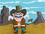 Cartoon cowboy with an evil smile. He is standing in the desert
