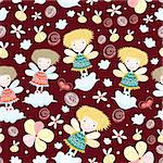 seamless pattern with girls in the clouds and bees on a dark red background