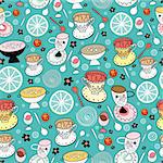 seamless pattern of cups of tea spoons and lemons on a blue background