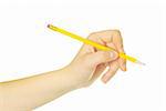 Pencil in woman hand isolated on white background