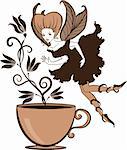 Color illustration of a beautiful coffee's fairy on a floral background