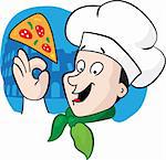 Illustration of an italian cartoon chef with a freshly baked pizza and Coliseum in a background