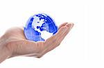 globe in hand isolated on white showing eco environment or business concept