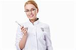 A young dentist with a tool on a white background