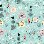 seamless floral pattern with birds on a blue background