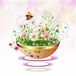 Flowers in suspended flowerpot and butterflies