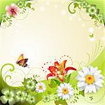 Springtime background with flowers and butterflies