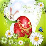 Easter card with bunny, flowers and decorated egg