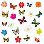 A collection of flowers and butterflies. Vector illustration. Vector art in Adobe illustrator EPS format, compressed in a zip file. The different graphics are all on separate layers so they can easily be moved or edited individually. The document can be scaled to any size without loss of quality.