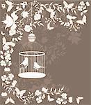 Vintage background with flowers and birds in cage.