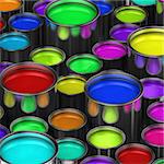 Many paint buckets with various colored paint