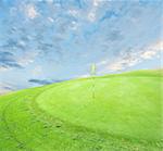 landscape of a green golf course with sky.Shallow focus