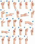 Hand sign language alphabet isolated on white