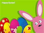 Vector Easter greeting card with rabbit and eggs