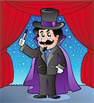 Cartoon magician on circus stage - vector illustration.