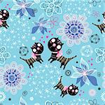 seamless floral pattern with lovers kittens on a bright blue background