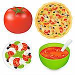 Collection Of Food Dishes With Tomatoes, Isolated On White Background, Vector Illustration
