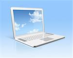 3D white laptop computer with sky in screen isolated on blue with 2 clipping path : one for global scene and one for the screen