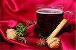 Hot spiced red wine with cinnamon, star anise, walnuts and a branch of evergreen with red background (Selective Focus)