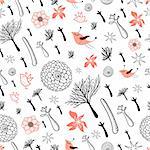 seamless pattern of trees and birds on a white background