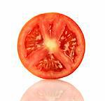 A Fresh ripe red truss Tomato cut in half isolated on white.