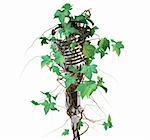 old professional microphone overgrown with ivy. isolated on white. with clipping path.
