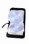 Open compact disk storage bag on white background