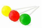 Three colorful lollipops isolated on white background